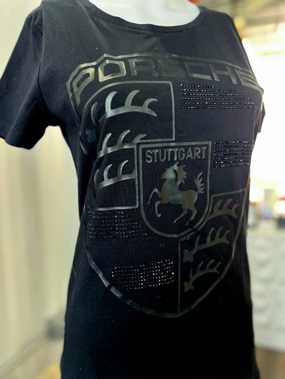 Porsche Women’s Black Rhinestone Crest T-Shirt NWT Size M